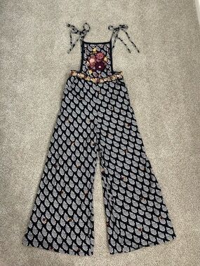 Anthropologie Black and White Printed Wide-Leg Jumpsuit with Floral Design